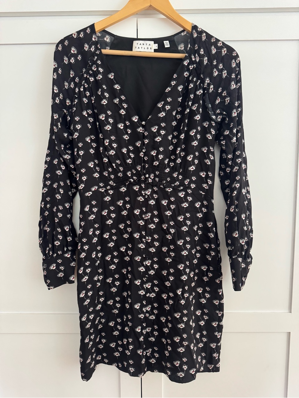 Tanya Taylor Black Floral V-Neck Long Sleeve Silk Dress Size 2
